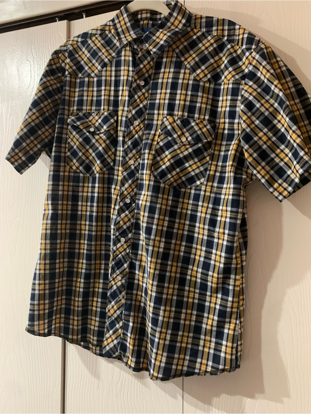 Wrangler Short-Sleeve Plaid Button-Down Shirt - Navy & Yellow